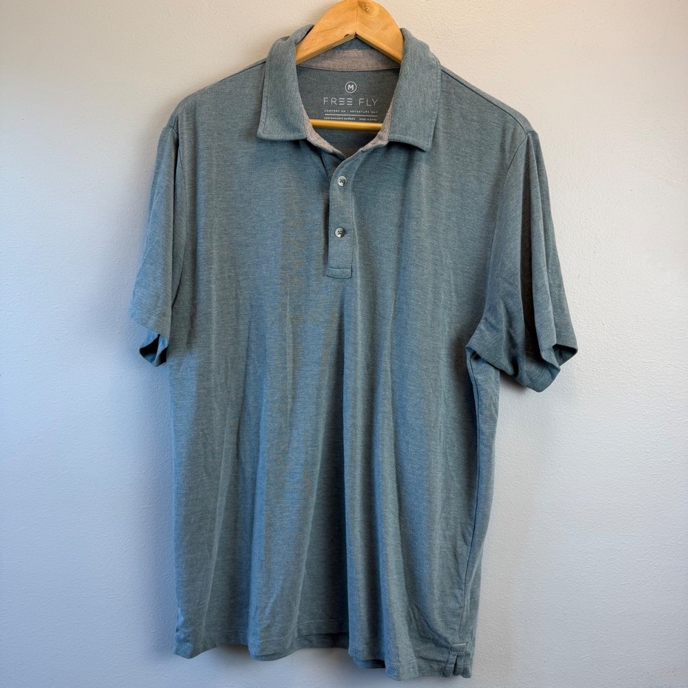 Free Fly Mens Medium Bamboo Performance Polo Shirt Blue Green Heather